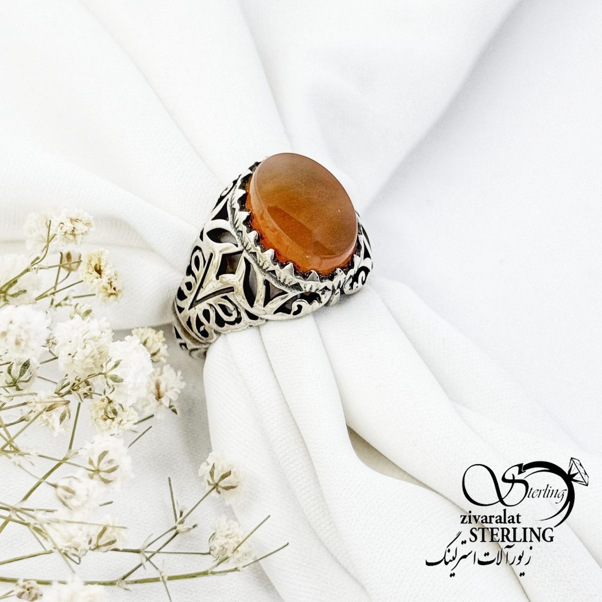 انگشتر نقره رکاب شبکه و سنگ عقیق یمن کد 16701
